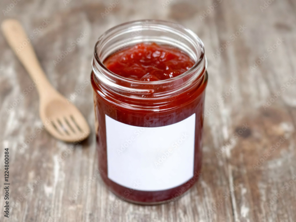 Jar of Homemade Red Jam Mockup with Blank White Label and Wooden Spoon on Rustic Wooden Table Food Photography Jar of Homemade Red Jam Mockup with Blank White Label and Wooden Spoon on Rustic Wooden Table Food Photography
