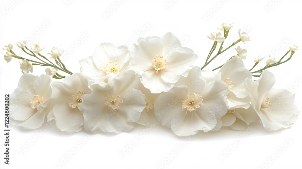 Fototapeta premium Delicate white flowers arrangement with small stems on a clean white background studio shot