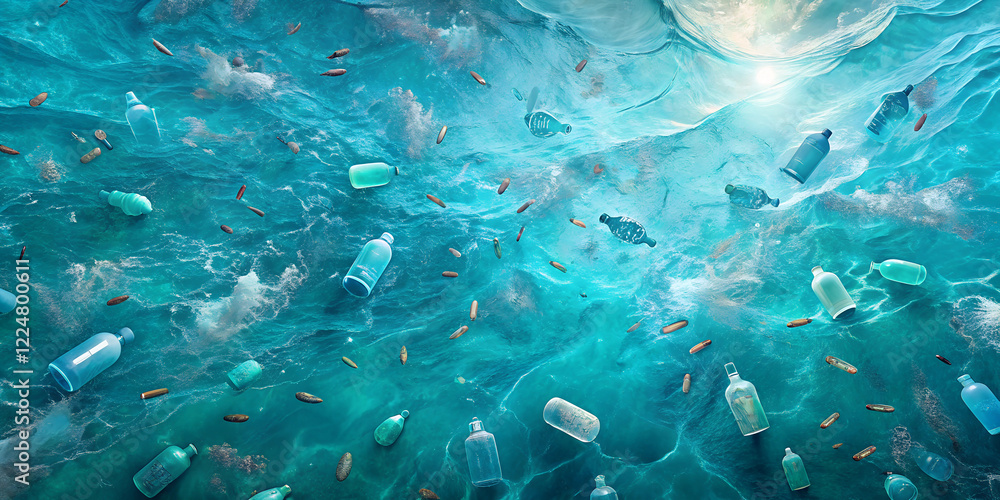 Fototapeta premium Plastic bottles, disturbing mood, scattered in polluted ocean water, environmental awareness concept 