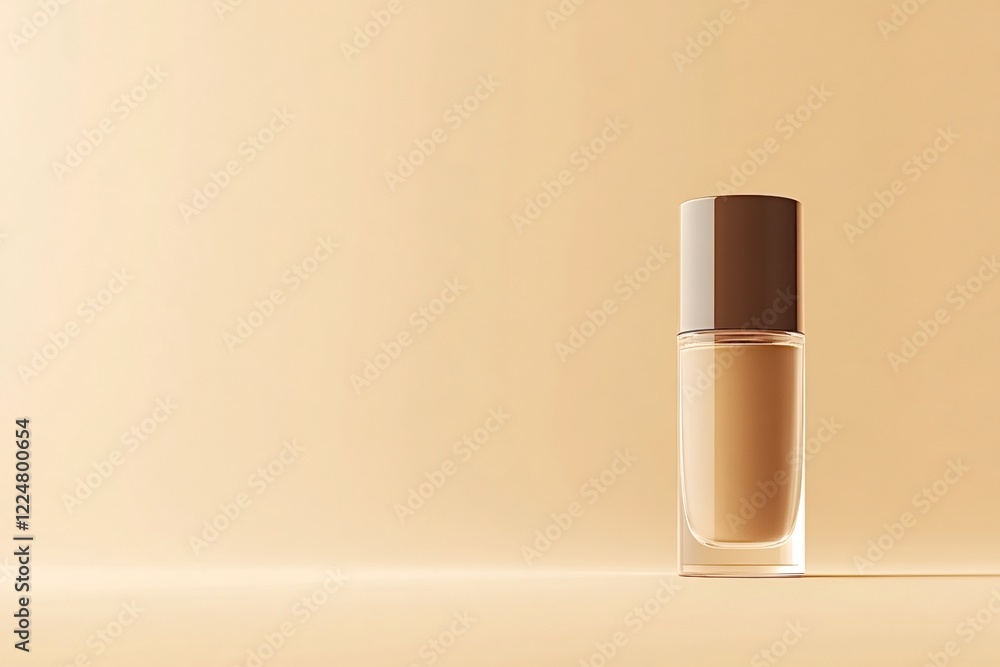Foundation bottle standing on a light brown surface with a matching background, creating a visually appealing and harmonious composition for beauty and cosmetic product presentations with copy space Foundation bottle standing on a light brown surface with a matching background, creating a visually appealing and harmonious composition for beauty and cosmetic product presentations with copy space