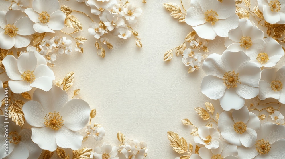 Elegant 3D Golden Floral Frame Design with Delicate Flowers and Leaves on Soft Background for Creative Projects and Celebrations Elegant 3D Golden Floral Frame Design with Delicate Flowers and Leaves on Soft Background for Creative Projects and Celebrations