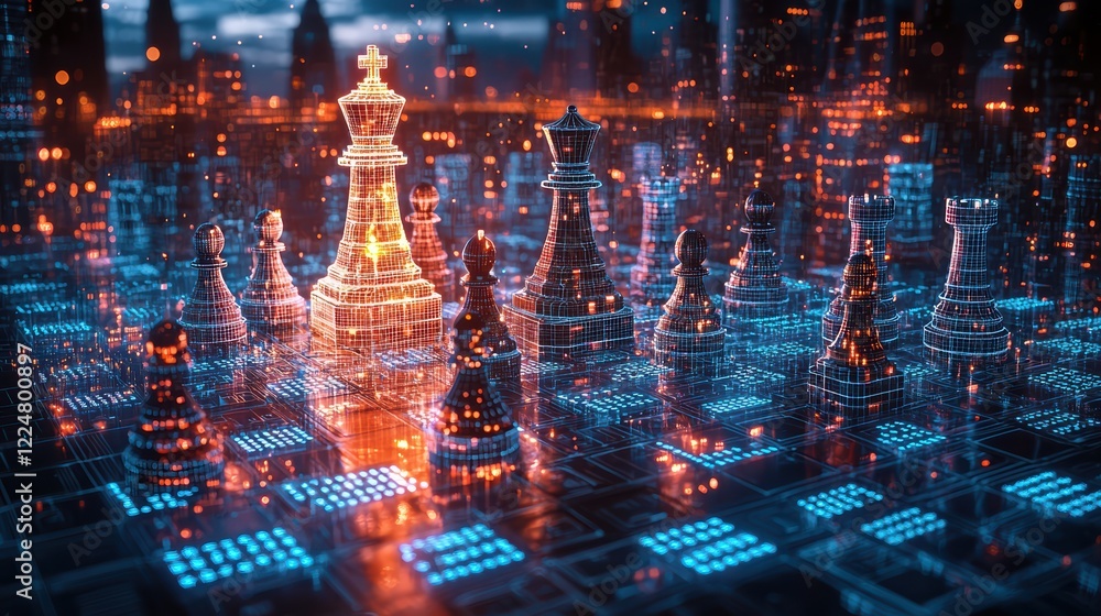 Fototapeta premium Digital chess ai clash on a binary code battlefield