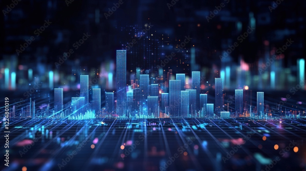 View of stock market expansion, business investment, and data analysis concept featuring digital financial charts, graphs, and indicators against a dark blue blurred background View of stock market expansion, business investment, and data analysis concept featuring digital financial charts, graphs, and indicators against a dark blue blurred background