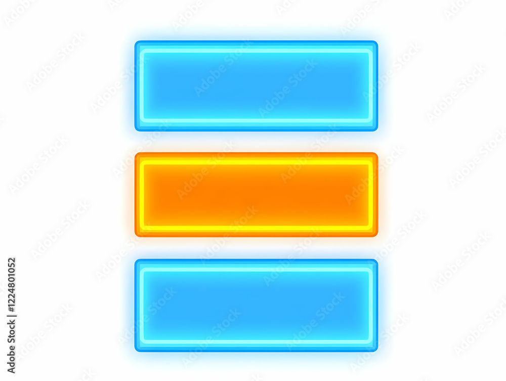 Three Glowing Rectangular Buttons Create a Vibrant Display on a White Backdrop Three Glowing Rectangular Buttons Create a Vibrant Display on a White Backdrop