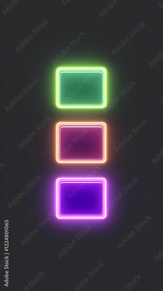 Three Colorful Neon Squares Glow Brightly on a Dark Background Three Colorful Neon Squares Glow Brightly on a Dark Background