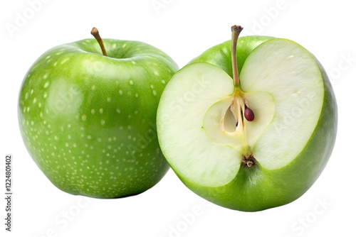 close up of green tow apple and half isolated on w transparent background png photo