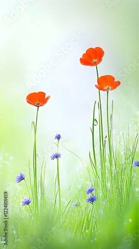 Red Poppies and Blue Flower...