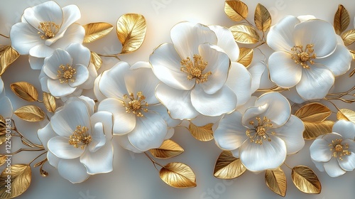Elegant Floral Wall Background with Glossy White Flowers and Golden Leaves Capturing the Essence of Luxury and Sophistication in Interior Design