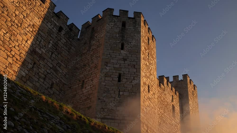An enchanting shot of a medieval castle perched atop a foggy hill, golden morning light illuminating its ancient walls. An enchanting shot of a medieval castle perched atop a foggy hill, golden morning light illuminating its ancient walls.