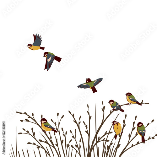 vector drawing birds at tree branches, hand drawn great tits, isolated nature design element, winter landscape