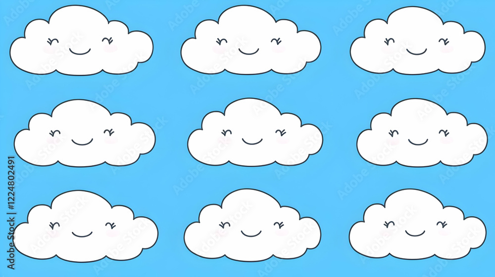 Cute Smiling Clouds Float across a Vibrant Blue Sky, Creating a Cheerful Illustration Cute Smiling Clouds Float across a Vibrant Blue Sky, Creating a Cheerful Illustration