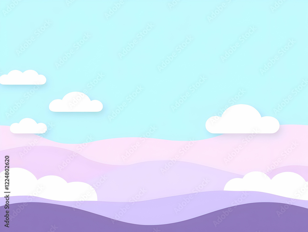 Pastel Paper Cutout Landscape with Clouds and Rolling Hills forms a serene and minimalist background. Pastel Paper Cutout Landscape with Clouds and Rolling Hills forms a serene and minimalist background.