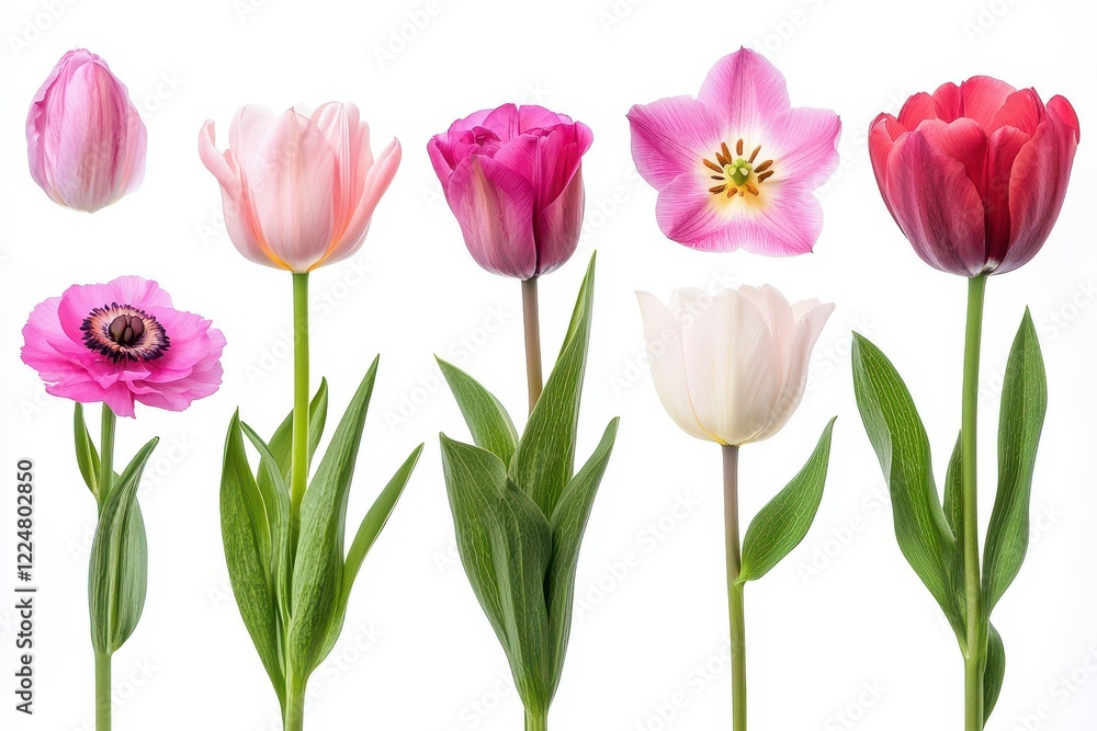 Spring tulips, anemone, studio shot, white background, floral design Spring tulips, anemone, studio shot, white background, floral design