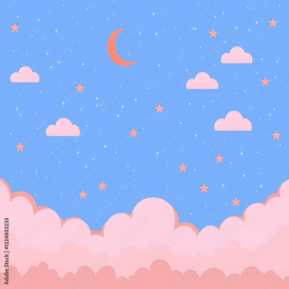 Pink Clouds Float Gently Across a Starry Blue Sky at Night, Creating a Dreamlike Scene. Pink Clouds Float Gently Across a Starry Blue Sky at Night, Creating a Dreamlike Scene.