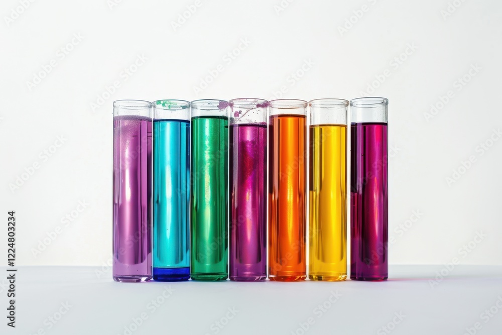 Colorful test tubes lined up on a white countertop, showcasing a spectrum of vibrant liquids during a scientific experiment isolated on transparent background Colorful test tubes lined up on a white countertop, showcasing a spectrum of vibrant liquids during a scientific experiment isolated on transparent background