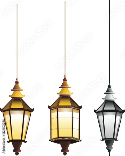 VECTOR IMAGE OF 3 HANGING LANTERNS IN GOLD AND BLACK AND WHITE