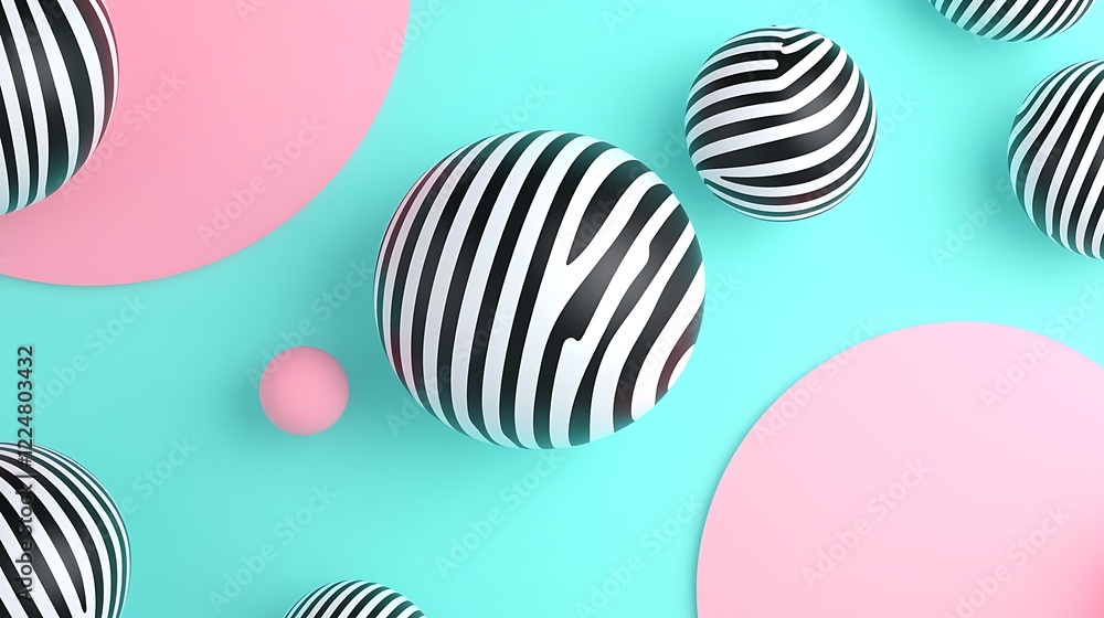 Bright and Playful Geometric Composition with Black and White Striped Spheres on Aqua and Pink Background Bright and Playful Geometric Composition with Black and White Striped Spheres on Aqua and Pink Background