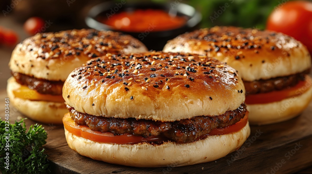 Three delicious burgers with sesame seeds on a wooden board ready to be served for dinner Three delicious burgers with sesame seeds on a wooden board ready to be served for dinner
