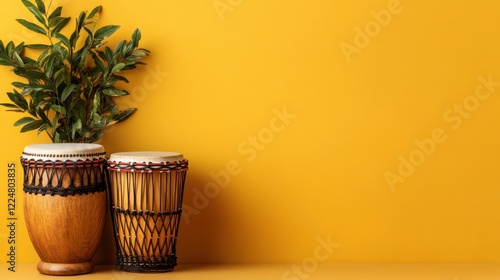 Vibrant Yellow Background Featuring Traditional Drums and a Lush Green Plant: A Harmonious Blend of Rhythm and Nature for Home Decor Inspiration photo