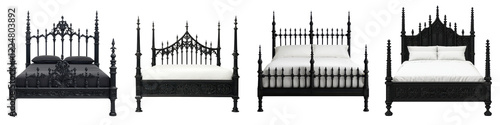 Elaborate gothic inspired wooden bed frame with intricate carved floral and arched headboard in a lavishly decorated historical bedroom interior  Antique and vintage decor elements evoking a regal photo