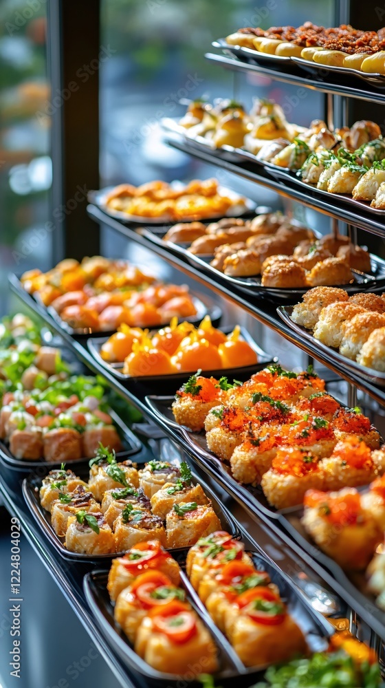 Appetizing Display of Various Savory Bites on a Multi Tiered Serving Stand in a Restaurant Appetizing Display of Various Savory Bites on a Multi Tiered Serving Stand in a Restaurant