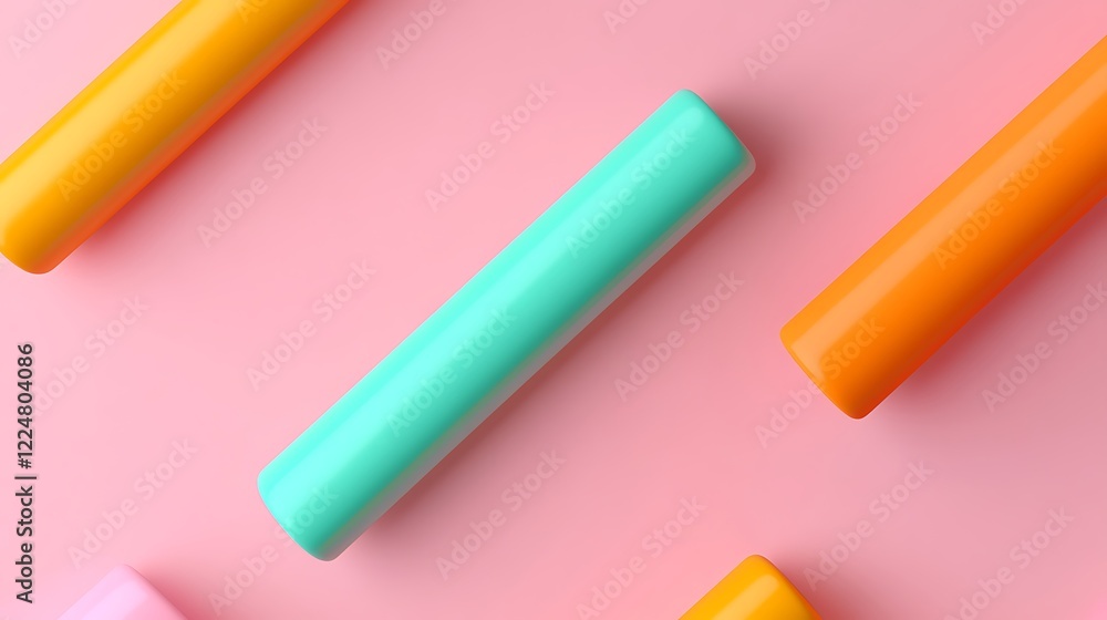Brightly Colored Cylindrical Shapes on a Soft Pink Background for Modern Design Elements Brightly Colored Cylindrical Shapes on a Soft Pink Background for Modern Design Elements