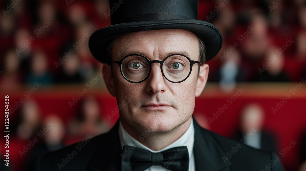 Portrait of a man wearing a top hat in a theatre. Portrait of a man wearing a top hat in a theatre.