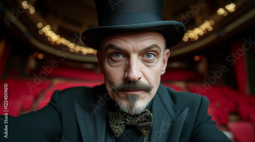 Portrait of aman wearing a top hat in a empty theatre. photo