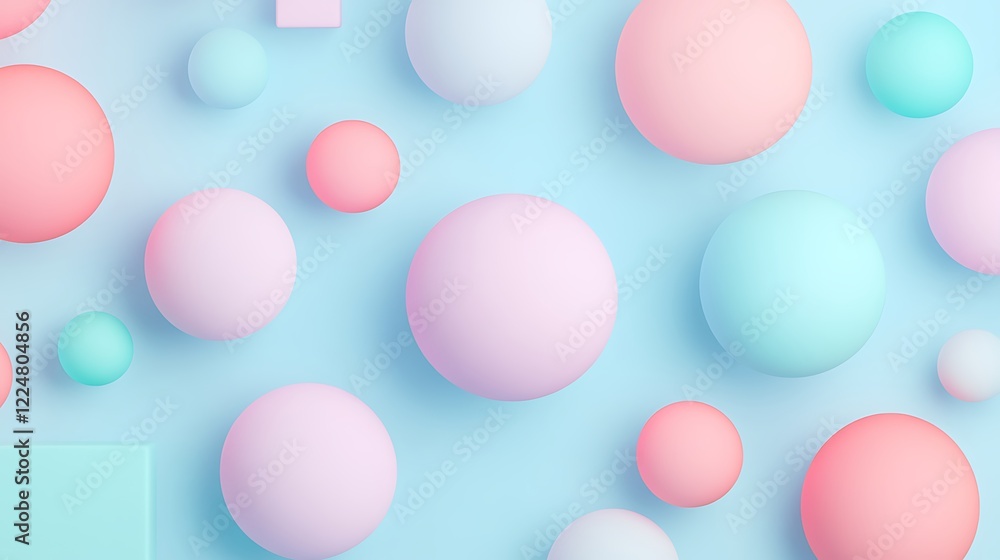 Colorful 3D spheres and shapes in pastel shades over a soft blue background for modern design concepts Colorful 3D spheres and shapes in pastel shades over a soft blue background for modern design concepts