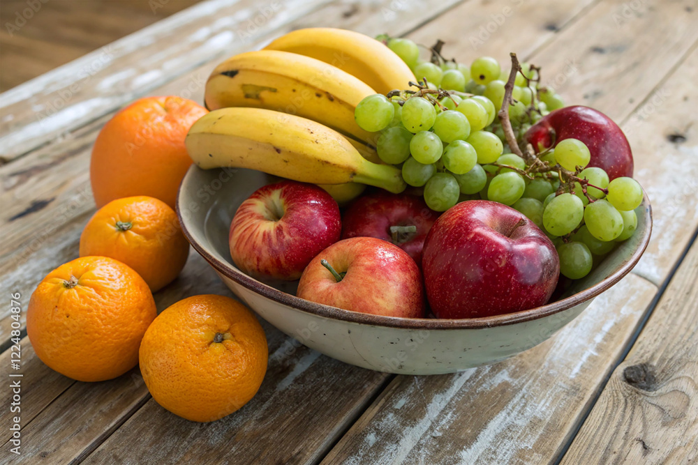 A bowl of colorful, fresh fruits on a rustic wooden table. A bowl of colorful, fresh fruits on a rustic wooden table.