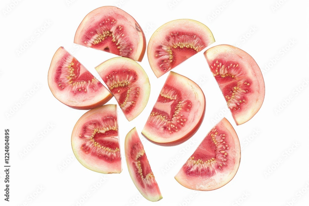 Sliced guavas arranged artistically on a bright white background showcasing vibrant colors and textures in natural light isolated on transparent background Sliced guavas arranged artistically on a bright white background showcasing vibrant colors and textures in natural light isolated on transparent background