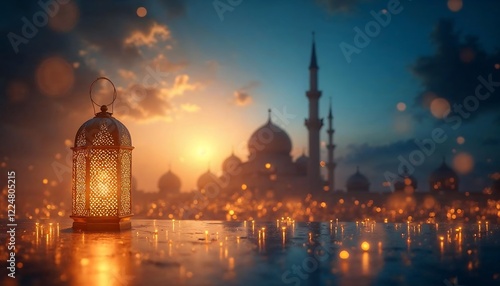 Ramadan Lantern and Mosque Sunset Scene photo