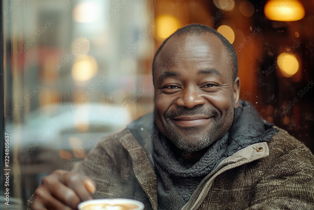 A smiling man enjoying a cup of coffee indoors, with warm lighting and blurred city background A smiling man enjoying a cup of coffee indoors, with warm lighting and blurred city background