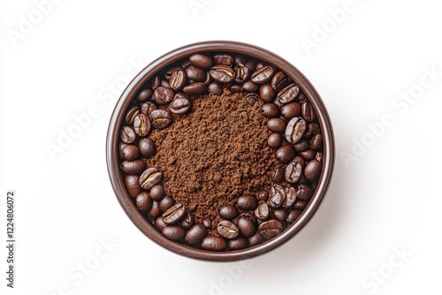 Ground coffee beans bowl, studio shot, white background, beverage ingredient photo