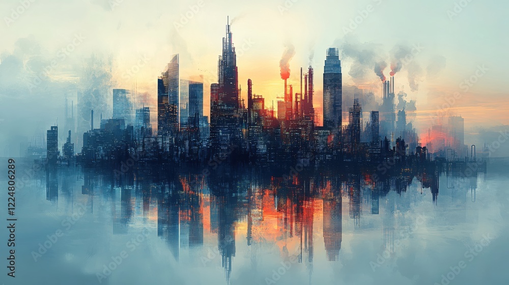 Obraz premium Urban skyline reflection at sunset with industrial smoke and abstract texture in blue and orange
