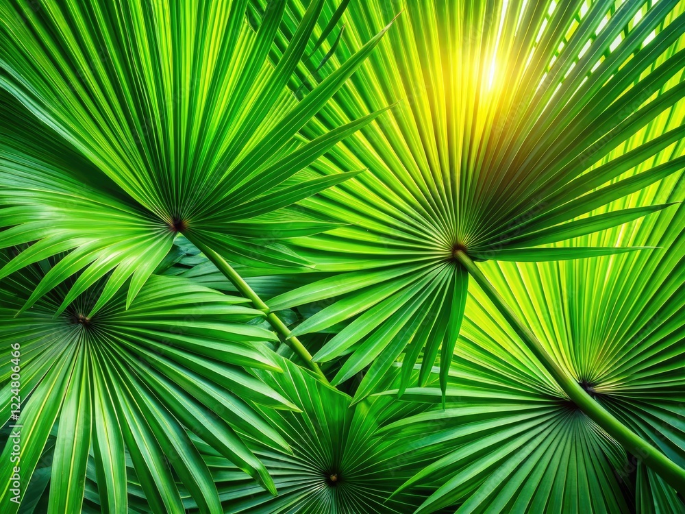 Fototapeta premium Lush green palm leaves overhead, a tropical paradise. Isolated foliage, perfect summer background.