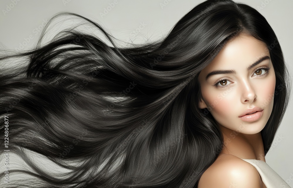 Naklejka premium A beautiful woman with long black hair poses for the camera, showcasing her perfectly styled and smooth, shiny curls