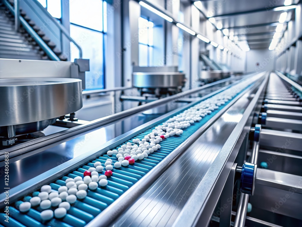 Obraz premium Minimalist Pharmaceutical Production: Conveyor Belt Pill Packaging