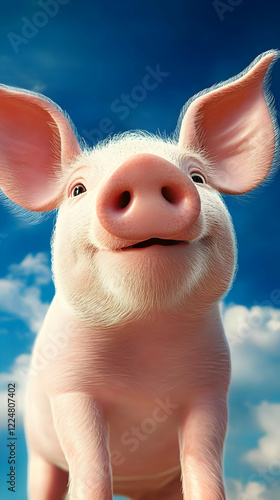 Smiling Pig Poses Under Blu...