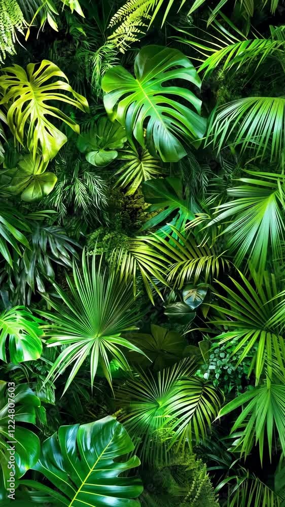Lush greenery fills a vibrant tropical space with various types of palm fronds and leaves, showcasing nature's beauty and diversity Lush greenery fills a vibrant tropical space with various types of palm fronds and leaves, showcasing nature's beauty and diversity