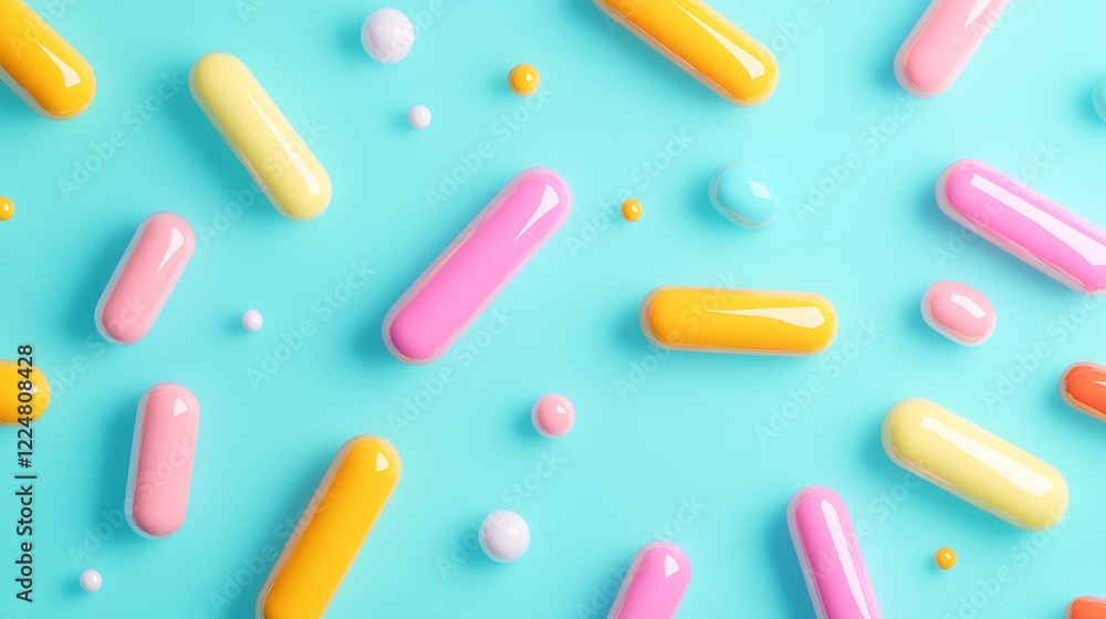 Colorful Abstract Composition of Gel Capsules and Balls on a Blue Background for Creative Designs and Healthcare Concepts Colorful Abstract Composition of Gel Capsules and Balls on a Blue Background for Creative Designs and Healthcare Concepts