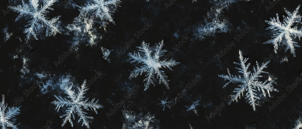 Fresh snowflakes softly resting on a black background creating a delicate overlay texture Fresh snowflakes softly resting on a black background creating a delicate overlay texture