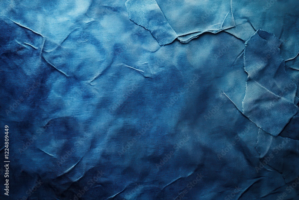 Naklejka premium Deep blue crumpled fabric texture, uneven dye. Perfect background for moody, artistic designs, or textured overlays.