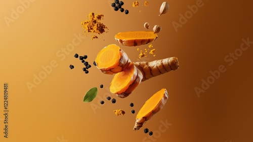 A composition of a turmeric (Curcuma longa Linn) sliced root and powder falling on orange bright background. Anti inflammatory food concept.