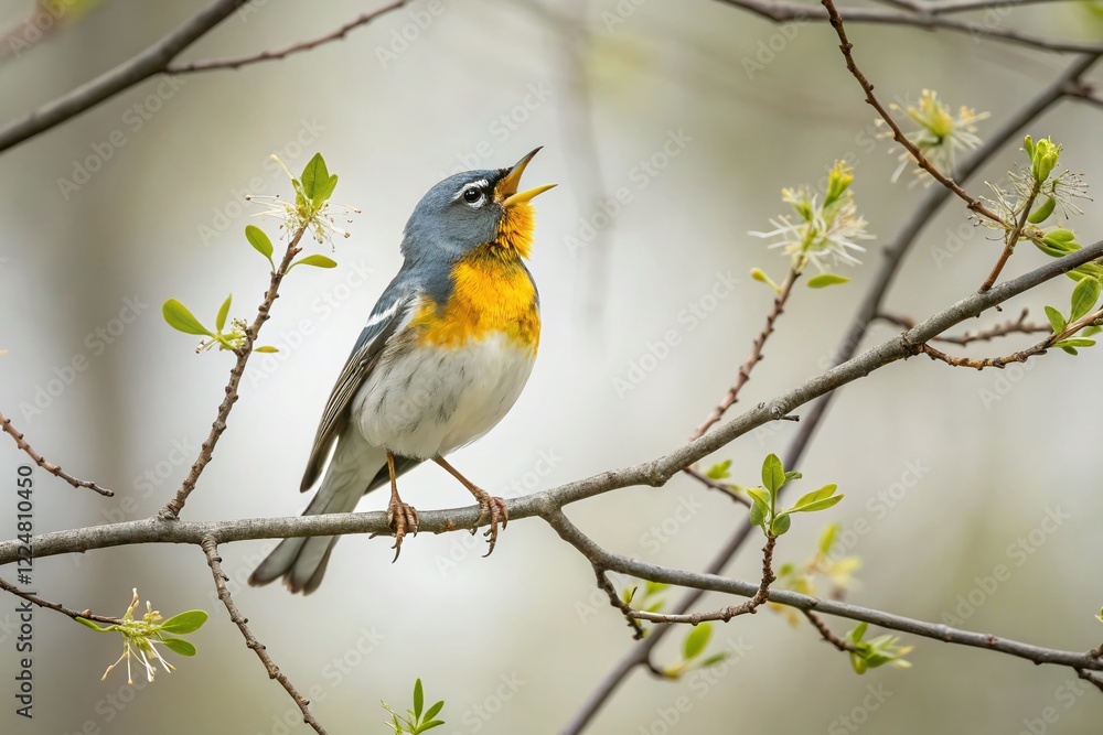 Fototapeta premium Minimalist Spring Warbler: Northern Parula Singing in Ottawa