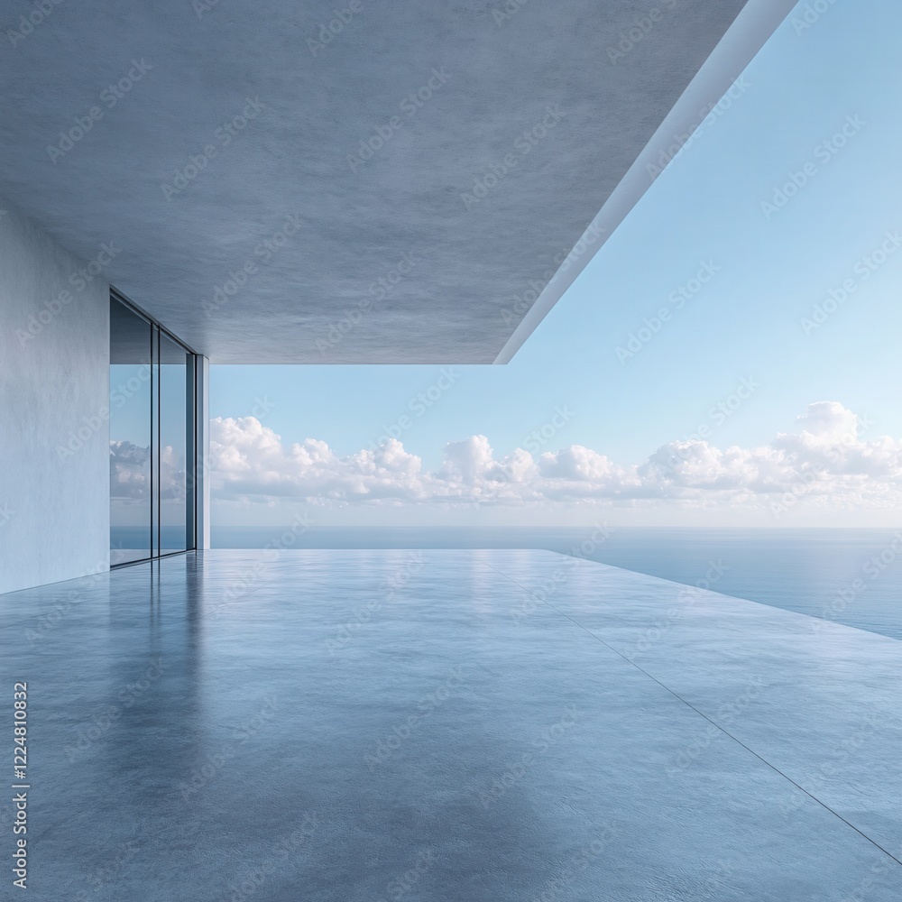 Obraz premium Modern architecture with concrete floor and glass wall overlooking ocean and cloudy sky