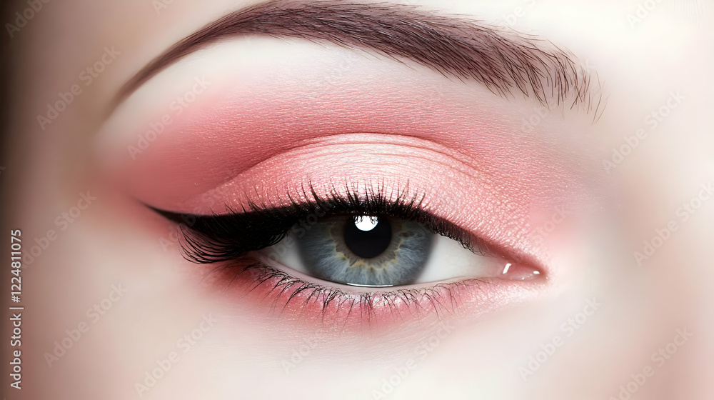 Obraz premium Close-up of Eye with Pink and Gold Makeup and Winged Eyeliner Showcasing Beauty and Cosmetics.