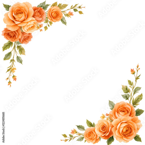 A flowery border with orange roses and green leaves