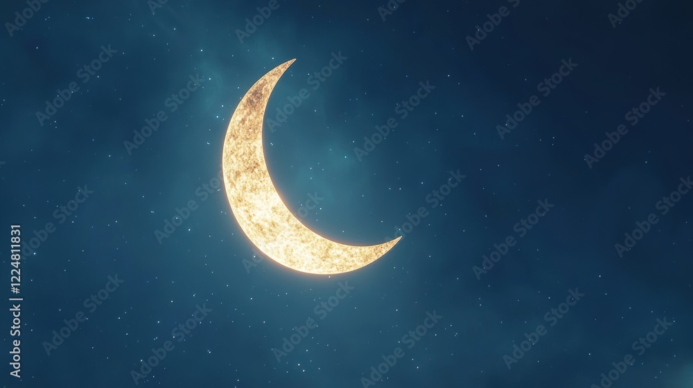 Naklejka premium Glowing Crescent Moon Illuminating Night Sky on Deep Blue Background