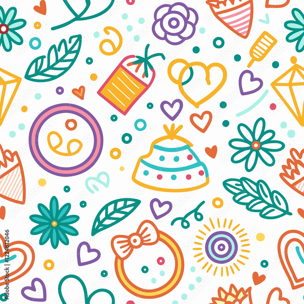 Colorful doodle pattern with hearts, flowers, and party elements. Colorful doodle pattern with hearts, flowers, and party elements.